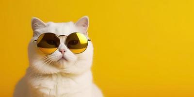 Portrait of funny cat wearing sunglasses on yellow background photo