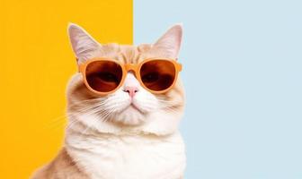 Portrait of funny cat wearing sunglasses on yellow background photo