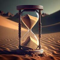 Hourglass on the background of the desert with sand. A symbol of life. photo