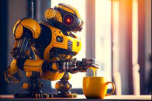 Robot, yellow homemade robot makes hot drinks, coffee machine. photo