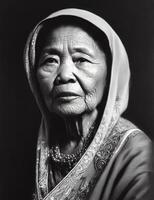 Elderly Japanese woman, portrait in black and white style. photo