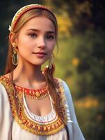 Portrait of a Slavic European girl in national costume. photo