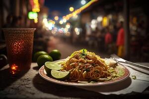 Pad Thai, a mouthwatering dish of fried noodles in a busy Thai night market. Street food. photo