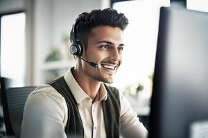 The Hindu is smiling, sitting at his desk in his headset, ready to pick up the phone and help customers. He works in a call center. . photo