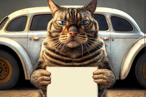 A cat with a sign. Promotional banner in the paws of a cat on the background of a retro car. Copy space. AI Generative photo