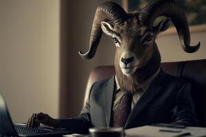 A sheepish boss in an office suit sits at his desk working on his computer in the office. . photo