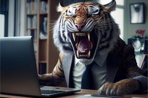 un Tigre jefe con un gruñido en su oficina traje se sienta a su escritorio y trabajos en su oficina computadora. generativo ai. foto