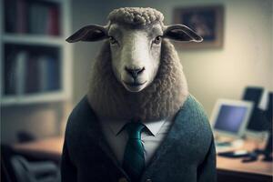 A sheep in an office suit sits at a desk working on a computer in the office. . photo