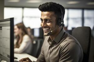 el hindú es sonriente, sentado a su escritorio en su auriculares, Listo a recoger arriba el teléfono y ayuda clientes. él trabajos en un llamada centro. generativo ai. foto