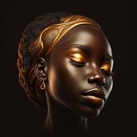 Portrait of an African woman with closed eyes and beautiful golden makeup. Generative AI photo