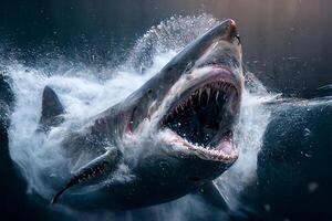 shark, a huge megalodon shark jumps out of the sea waves. photo