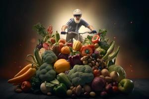 Cyclist riding vegetables and fruits. Generate Ai photo