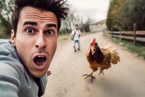 asustado hombre selfie con enojado pollo. generar ai foto