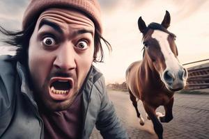 asustado hombre selfie con caballo. generar ai foto