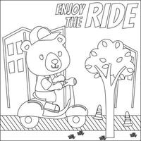 Cute little animal riding scooter, funny animal cartoon,vector illustration. Childish design for kids activity colouring book or page. vector