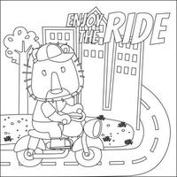 Vector illustration of cool animal and motorcycle funny animal cartoon. Creative vector childish design for kids activity coloring book or page.