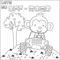 Cute animal cartoon having fun driving off road car on sunny day. Cartoon isolated vector illustration, Creative vector Childish design for kids activity colouring book or page.