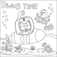 Vector illustration of little animal driving submarine with cartoon style, Childish design for kids activity colouring book or page.