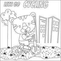 Cute little animal riding bicycle. Trendy children graphic with Line Art Design Hand Drawing Sketch Vector illustration For Adult And Kids Coloring Book.