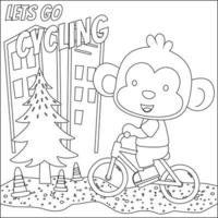 Cute little animal riding bicycle. Trendy children graphic with Line Art Design Hand Drawing Sketch Vector illustration For Adult And Kids Coloring Book.