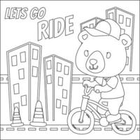 Cute little animal riding bicycle. Trendy children graphic with Line Art Design Hand Drawing Sketch Vector illustration For Adult And Kids Coloring Book.