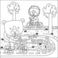 Cute little animal riding bicycle. Trendy children graphic with Line Art Design Hand Drawing Sketch Vector illustration For Adult And Kids Coloring Book.