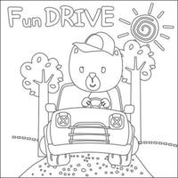 Vector illustration of funy animal driving the white car. Childish design for kids activity colouring book or page.