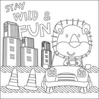 Vector illustration of funy animal driving the white car. Childish design for kids activity colouring book or page.