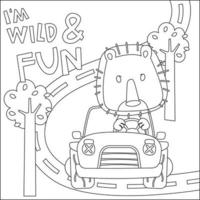 Vector illustration of funy animal driving the white car. Childish design for kids activity colouring book or page.