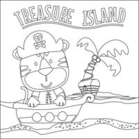 Vector illustration of funny animal pirate with treasure chest, Childish design for kids activity colouring book or page.