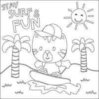 Vector illustration of surfing time with cute little animal at summer beach. Childish design for kids activity colouring book or page.