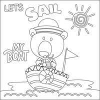Funny animal cartoon vector on little boat with cartoon style, Trendy children graphic with Line Art Design Hand Drawing Sketch For Adult And Kids Coloring book or page