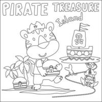 Vector illustration of funny animal pirate with treasure chest, Childish design for kids activity colouring book or page.