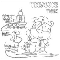 Vector illustration of funny animal pirate with treasure chest, Childish design for kids activity colouring book or page.