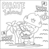 Vector illustration of funny animal pirate with treasure chest, Childish design for kids activity colouring book or page.