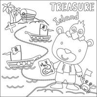 Vector illustration of funny animal pirate with treasure chest, Childish design for kids activity colouring book or page.