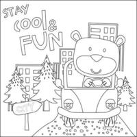 Vector illustration of funy animal driving the white car. Childish design for kids activity colouring book or page.