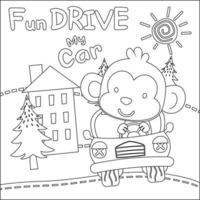 Vector illustration of funy animal driving the white car. Childish design for kids activity colouring book or page.