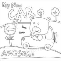 Vector illustration of funy animal driving the white car. Childish design for kids activity colouring book or page.