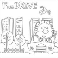 Vector illustration of funy animal driving the white car. Childish design for kids activity colouring book or page.