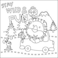 Vector illustration of funy animal driving the white car. Childish design for kids activity colouring book or page.