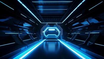 Blue White Led Lights Sci Fi Futuristic Modern Spaceship Dark Tunnel Corridor. photo