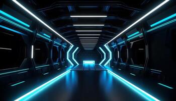 Blue White Led Lights Sci Fi Futuristic Modern Spaceship Dark Tunnel Corridor. photo