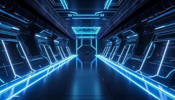 Blue White Led Lights Sci Fi Futuristic Modern Spaceship Dark Tunnel Corridor. photo