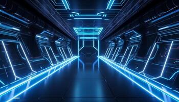 Blue White Led Lights Sci Fi Futuristic Modern Spaceship Dark Tunnel Corridor. photo