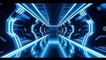 Blue White Led Lights Sci Fi Futuristic Modern Spaceship Dark Tunnel Corridor. photo