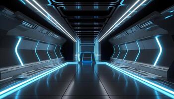 Blue White Led Lights Sci Fi Futuristic Modern Spaceship Dark Tunnel Corridor. photo