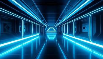 Blue White Led Lights Sci Fi Futuristic Modern Spaceship Dark Tunnel Corridor. photo