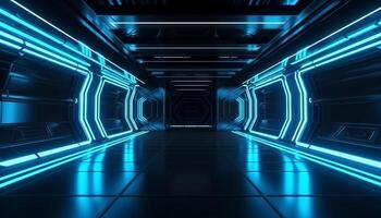 Blue White Led Lights Sci Fi Futuristic Modern Spaceship Dark Tunnel Corridor. photo