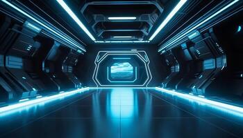 Blue White Led Lights Sci Fi Futuristic Modern Spaceship Dark Tunnel Corridor. photo